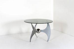 CAMPANINI LUCIANO - Tavolo con struttura in alluminio e acciaio cromato e laccato, piano in vetro fum.Prod. Cama 1970h massima cm  [..]