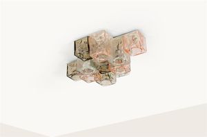BAROVIER & TOSO - Lampada a sospensione composta da elementi in vetro colorato di forte spessore.Anni '60cm 20x75x54