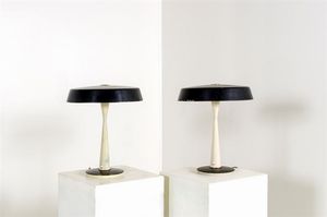 SCIOLARI - Coppia di lampade da tavolo in metallo smaltato e ottone.Anni '50cm 47x40