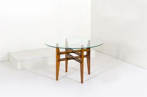 PONTI GIO, nello stile di - Tavolo con struttura in legno di noce, piano in vetro molato.Anni '50cm 71x109