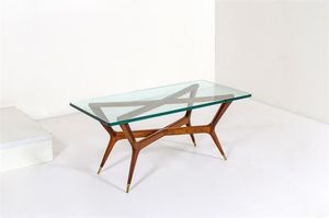 PRODUZIONE ITALIANA - Tavolino con struttura in legno, piano in vetro molato.Anni '50cm 48x110x55