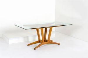 PRODUZIONE ITALIANA - Tavolo con struttura in legno di ciliegio, piano in cristallo di forte spessore.Anni '50cm 74x180x90