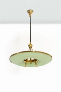 PRODUZIONE ITALIANA - Lampada a sospensione in ottone e vetri curvati colorati.Anni '50cm 90x58