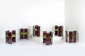 PRODUZIONE ITALIANA - Sei sedie con struttura in legno di palissandro, cuscini imbottiti rivestiti in tessuto.Anni '70cm 68x60x47