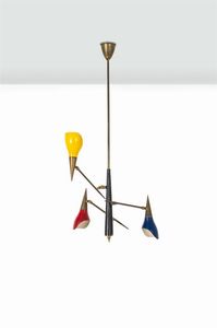 LUMEN - Lampadario in ottone e metallo verniciato, diffusori orientabili.Anni '50h cm 87