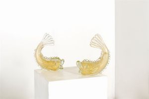 POLI FLAVIO - Coppia di pesci in vetro bulicante e foglia d'oro.Esecuzione Archimede Seguso 1940 cacm 27x24