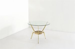 LACCA CESARE - Tavolino in ottone lucido, piani in vetro molato.Anni '50cm 48x59
