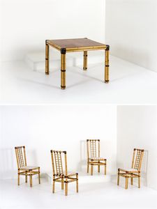 PRODUZIONE ITALIANA - Tavolo e quattro sedie in bamboo e ottone, piano in radica.Anni '70tavolo cm 74x95x95sedie cm 102x48x44
