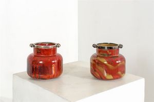 ANDLOVIZ GUIDO - Coppia di vasi in ceramica policroma, parte superiore in argento.Anni '50Simbolo grafico Lavenia sotto la baseh  [..]