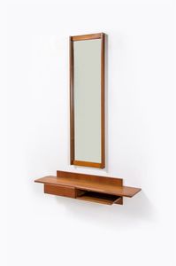 PRODUZIONE ITALIANA - Mensola con sovrastante specchio in legno di teak.Anni '60mensola cm 25x100x24specchio cm 128x35