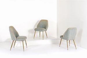PAGANI CARLO - Tre sedie con struttura in legno, gambe in ottone e imbottitura rivestita in tessuto.Prod. Arflex anni '50cm 8 [..]