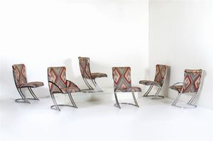 CARDIN PIERRE - Sei sedie in metallo cromato, sedili e schienali imbottiti rivestiti in tessuto.Anni '70cm 90x70x49