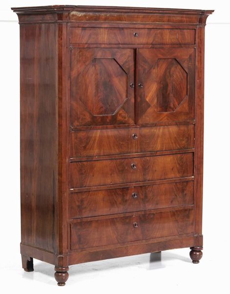 Secretaire lastronato in piuma di mogano con ante e cassetti. Sicilia, XIX secolo  - Asta Antiquariato Aprile - Associazione Nazionale - Case d'Asta italiane