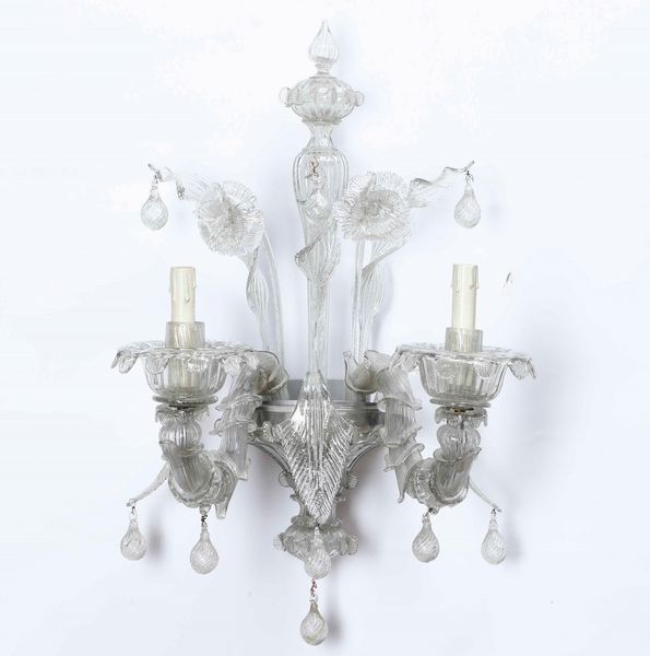 Coppia di appliques in vetro a due luci in vetro di Murano. XX secolo  - Asta Antiquariato Aprile - Associazione Nazionale - Case d'Asta italiane