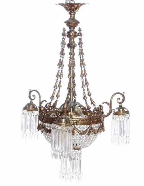 Lampadario in peltro e cristalli. XIX-XX secolo  - Asta Antiquariato Aprile - Associazione Nazionale - Case d'Asta italiane