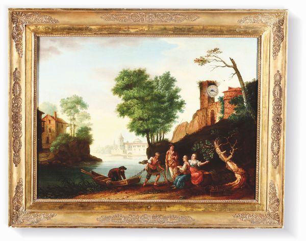 Orologio a quadro raffigurante paesaggio fluviale con figure ed architetture ad olio su tela, XIX secolo  - Asta Antiquariato Aprile - Associazione Nazionale - Case d'Asta italiane