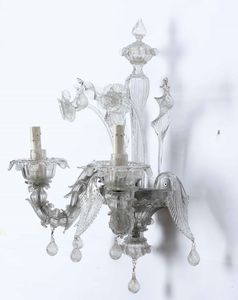 Coppia di appliques in vetro a due luci in vetro di Murano. XX secolo  - Asta Antiquariato Aprile - Associazione Nazionale - Case d'Asta italiane