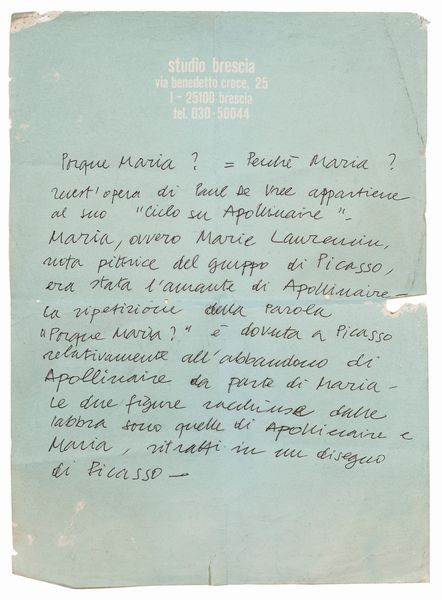 PAUL DE VREE : Porqu� Maria? - Dal Ciclo su Apollinaire  - Asta Arte moderna e contemporanea - Associazione Nazionale - Case d'Asta italiane