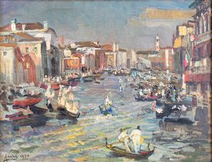Alessandro Milesi : Gondole nel Canal Grande a Venezia  - Asta Arte moderna e contemporanea - Associazione Nazionale - Case d'Asta italiane