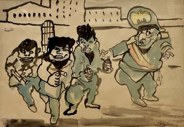 MINO MACCARI : Tre terroristi e un gendarme  - Asta Arte moderna e contemporanea  - Associazione Nazionale - Case d'Asta italiane