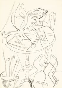 Gino Severini : Natura morta con violino e chitarra poggiata in terra  - Asta Arte moderna e contemporanea  - Associazione Nazionale - Case d'Asta italiane