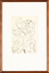 Gino Severini : Natura morta con violino e chitarra poggiata in terra  - Asta Arte moderna e contemporanea  - Associazione Nazionale - Case d'Asta italiane