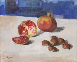 Attilio Rossi - Natura morta con melograno e castagne