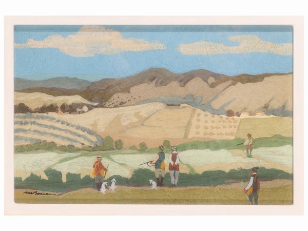 Marcello Boccacci : Paesaggio con cacciatori  - Asta La Collezione Bendinelli - Associazione Nazionale - Case d'Asta italiane
