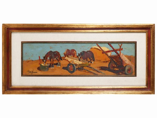 Basso Ragni : Scorcio campestre con cavalli  - Asta La Collezione Bendinelli - Associazione Nazionale - Case d'Asta italiane