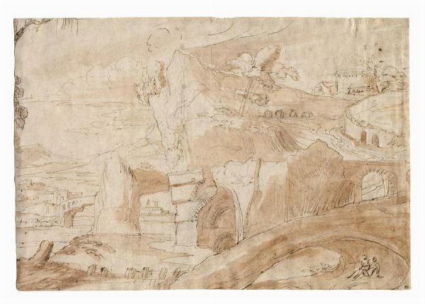 LODEWIJK TOEPUT (IL POZZOSERRATO) : Paesaggio montuoso con rovine e due figure sedute.  - Asta Arte Antica, Moderna e Contemporanea - Associazione Nazionale - Case d'Asta italiane