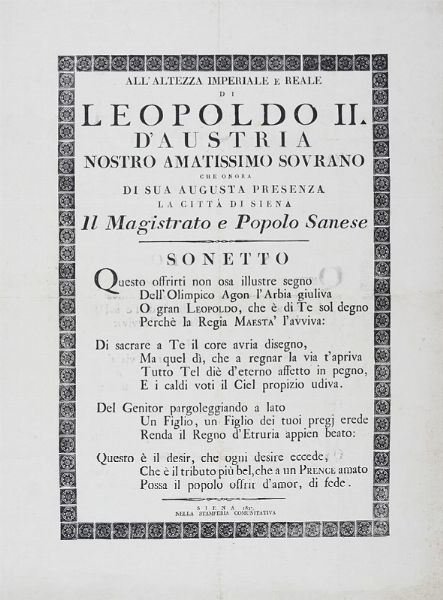 Anacreontica dedicata dai pastori accademici Rozzi a Maria Luisa Giuseppa Infanta di Spagna Regina reggente d'Etruria in occasione della sua visita.  - Asta Arte Antica, Moderna e Contemporanea - Associazione Nazionale - Case d'Asta italiane