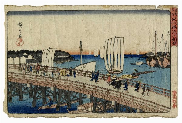 UTAGAWA HIROSHIGE I (AND? TOKUTAR?) : Eitaibashi Fukagawa shinchi (Il ponte Eitai e la nuova terra a Fukagawa).  - Asta Arte Antica, Moderna e Contemporanea - Associazione Nazionale - Case d'Asta italiane