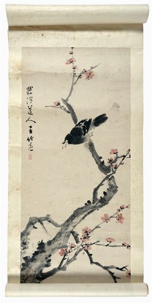 Stendardo con gazze e susino in fiore.  - Asta Arte Antica, Moderna e Contemporanea - Associazione Nazionale - Case d'Asta italiane