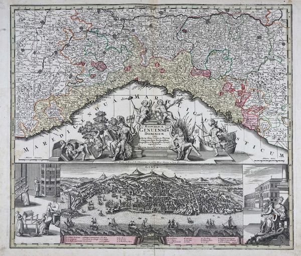 GEORG MATTHÄUS SEUTTER : Reipublicae Genuensis dominium cum inclytae istius Urbis et Portus insignioribus prospectibus geographica et topographica synopsi repraesentatum...  - Asta Arte Antica, Moderna e Contemporanea - Associazione Nazionale - Case d'Asta italiane