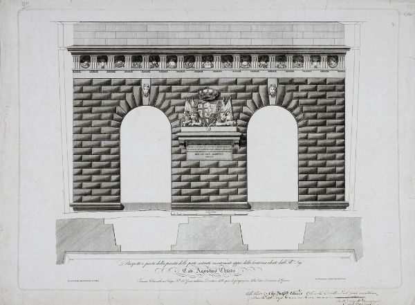 LEONE ZUCCOLI (O ZUCOLI) : Prospetto e parte della pianta delle porte costrutte recentemente appi della lanterna ideate dall'Ill.mo Sig. Cav. Agostino Chiodo...  - Asta Arte Antica, Moderna e Contemporanea - Associazione Nazionale - Case d'Asta italiane