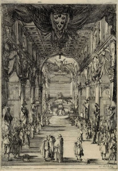 Stefano Della Bella : Veduta della navata centrale di San Lorenzo con il catafalco del principe Francesco De' Medici.  - Asta Arte Antica, Moderna e Contemporanea - Associazione Nazionale - Case d'Asta italiane