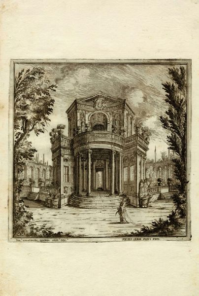 FERDINANDO GALLI BIBIENA : Sette tavole da Disegni delle Scene, che Seruano alle due opere, che si - rappresentano l?anno corente nel Reggio Teatro di - Torino inuenzioni di Ferdinando Bibiena, Architetto e Pitore - del Ser:mo Sig.rr Duca di Parma ...  - Asta Arte Antica, Moderna e Contemporanea - Associazione Nazionale - Case d'Asta italiane