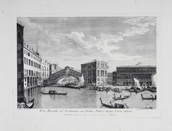 Giovan Battista Brustolon : Pons Rivoalti ad Occidentem, cum Aedibus Publicis utrique Lateri adjectis.  - Asta Arte Antica, Moderna e Contemporanea - Associazione Nazionale - Case d'Asta italiane
