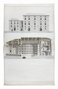 GIUSEPPE BRUSCHI - Spaccato e facciata del Teatro del Verzaro, oggi Teatro Morlacchi, a Perugia.