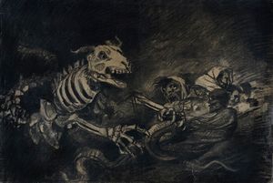 FRANCISCO GOYA Y LUCIENTES - Scena di stregoneria con scheletro mostruoso.