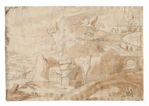 LODEWIJK TOEPUT (IL POZZOSERRATO) - Paesaggio montuoso con rovine e due figure sedute.