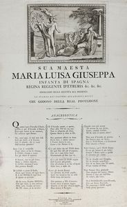 Anacreontica dedicata dai pastori accademici Rozzi a Maria Luisa Giuseppa Infanta di Spagna Regina reggente d'Etruria in occasione della sua visita.  - Asta Arte Antica, Moderna e Contemporanea - Associazione Nazionale - Case d'Asta italiane