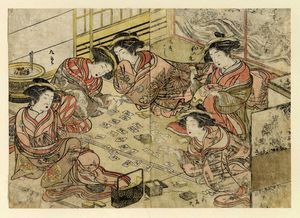 KATSUKAWA SHUNSH? - Quattro tavole con gruppi di cortigiane da Seir bijin awase sugata kagami (Specchio di Belle Donne delle Case Verdi).