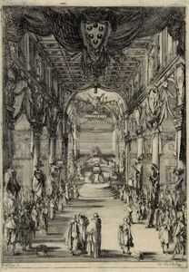 Stefano Della Bella - Veduta della navata centrale di San Lorenzo con il catafalco del principe Francesco De' Medici.
