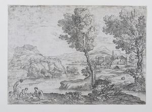 GIOVANNI FRANCESCO GRIMALDI - Paesaggio con la fuga in Egitto / Paesaggio con uomo in piedi e due seduti sulle rive di un fiume.