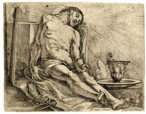 ALESSANDRO VAIANI - Cristo al sepolcro con gli strumenti della passione.