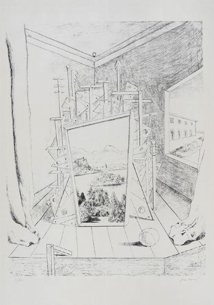Giorgio de Chirico : Interno metafisico con lago.  - Asta Arte Antica, Moderna e Contemporanea - Associazione Nazionale - Case d'Asta italiane