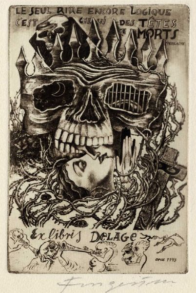 MICHEL FINGESTEN : Lotto composto di 4 ex libris macabri.  - Asta Arte Antica, Moderna e Contemporanea - Associazione Nazionale - Case d'Asta italiane