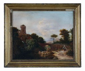 ANDREA MARK - Paesaggio con ponte e torrione.