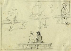 Telemaco Signorini - Studi di figure sedute su panchine.